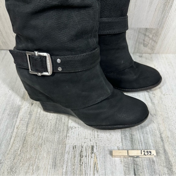 Vince Camuto Alician Leather Black Wedge Heels Buckle Knee High Boots #1299 - Picture 10 of 12